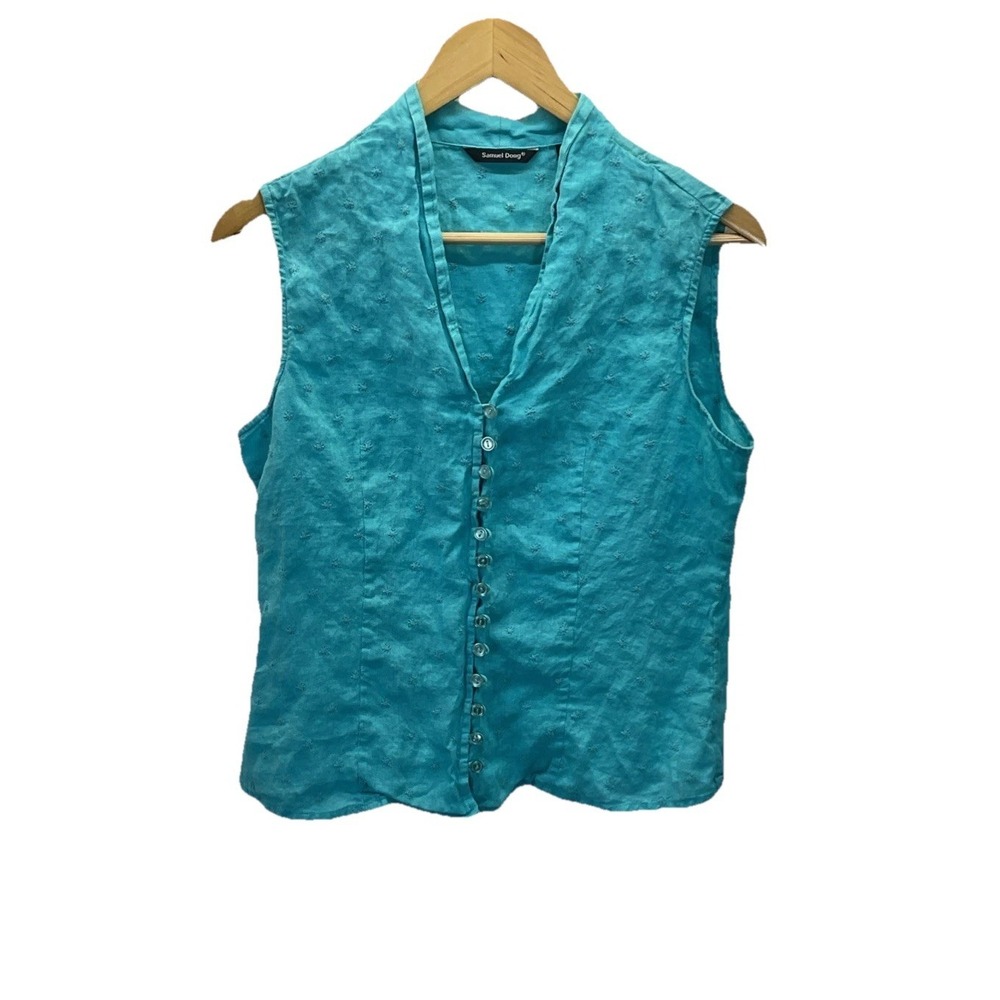 Samuel Dong teal blue sleeveless‎ top Blouse Tank LG button front 100% linen